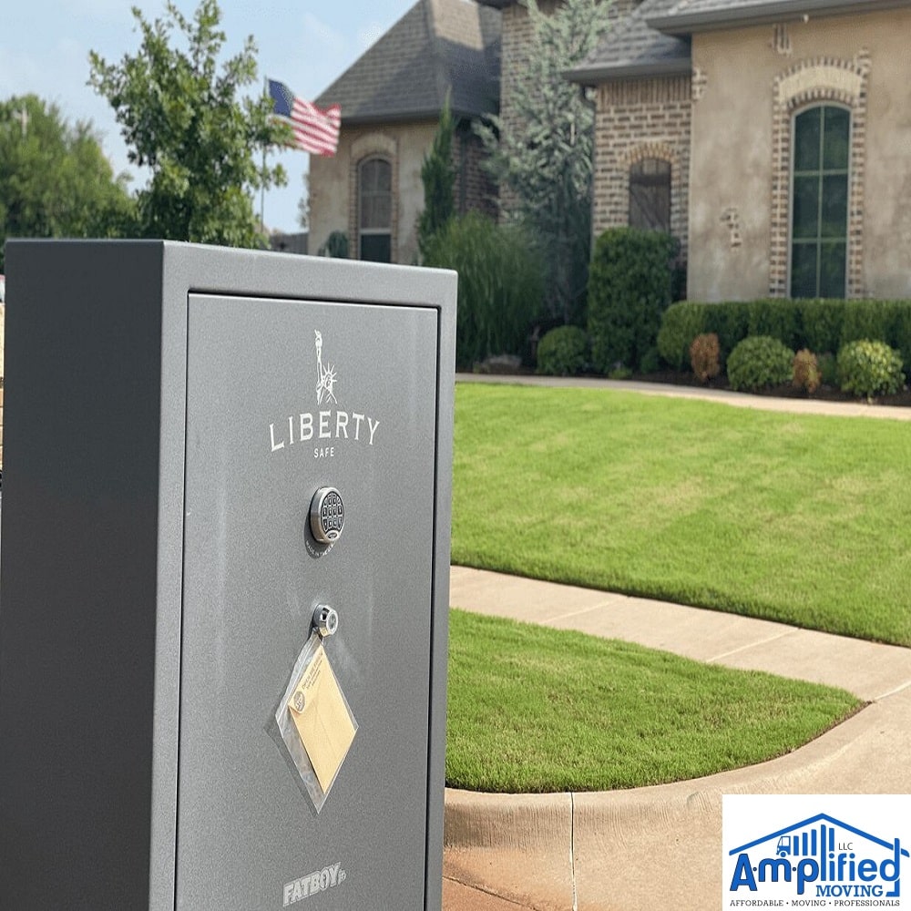 A safe on a drive way of a house ready to be moved.